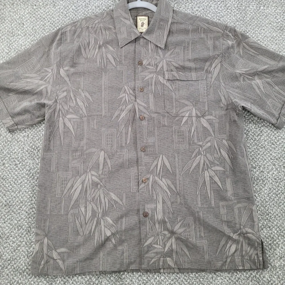Jamaica Jaxx Mens Medium Silk Bamboo Jacquard Button Down Shirt Grey Brown Leaf
